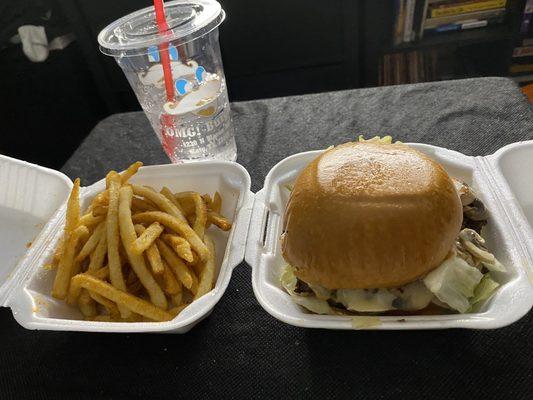 Omg! Burger in Pearland, Texas.  Shown is the Mushroom and Swiss Burger.