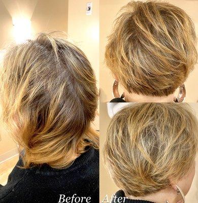 A full gentle highlight and edgy cut transformed this fun artist into a look that expressed her unique sense of style!