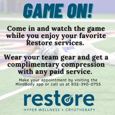 Come in on game days and receive complimentary compression service with any paid service when you represent your team!