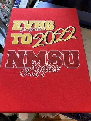 High school to college shirts printed using direct to garment.