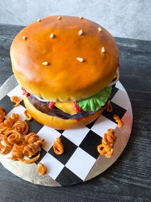 Cheeseburger cake and curly fries