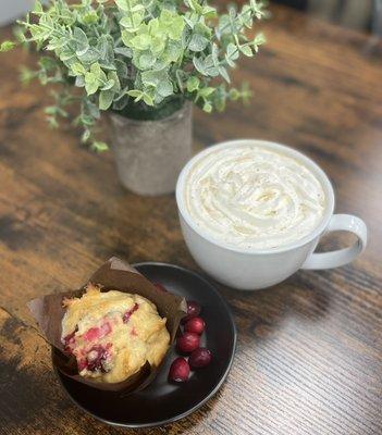 Hazelnut Salted Caramel Latte w/ cranberry orange muffin