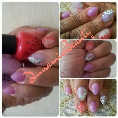 Short Almond-Shapes Acrylic Full Set w/ Rhinestones & Dotted design