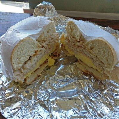 Yummy bagel with egg and turkey and a medium french vanilla cappuccino for $6.75 :)