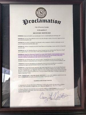 National Revovery Month Proclamation from Craig L Newton mayor of Norcross Georgia acknowledging Stand-Up 4 Recovery.