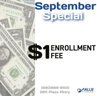 Falls Fitness has a special enrollment offer going on for the month of September.  Join now for only $1.