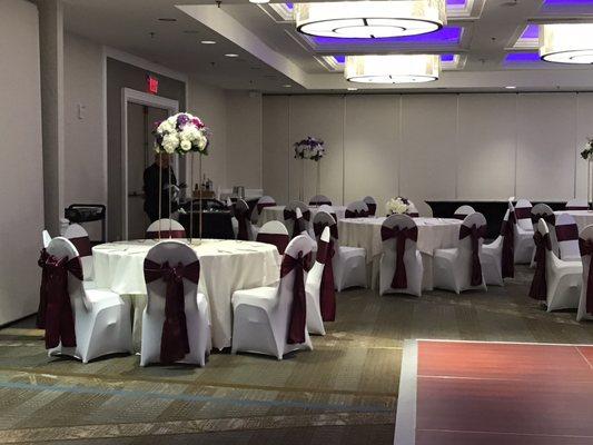 Spandex chair covers with sangria sashes