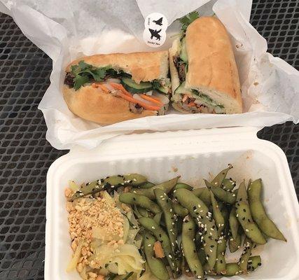 Chicken banh mi with papaya salad and sesame edamame.