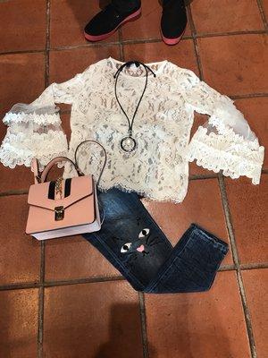 Kitty Kat jeans with Gucci like purse with fab lace bell sleeve blouse