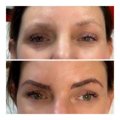 Before and after for Microblading, it will go 60% lighter.  This photo was after the procedure.