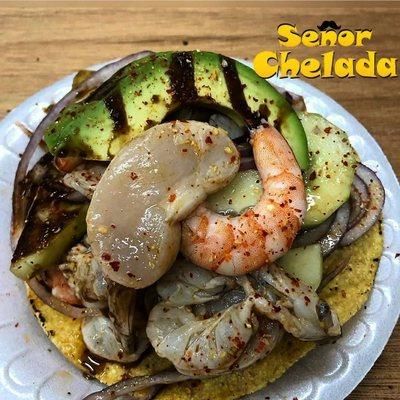 Aguachile and callo(scallops) tostada