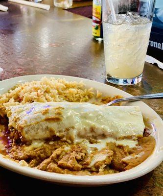 Chicken Fajita Burrito with rice and beans and Long Island