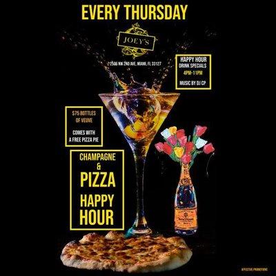 Join us as we celebrate with champagne and pizza. Buy a bottle of Veuve for $75 and receive a complimentary pizza pie. Music by DJ CP. Every