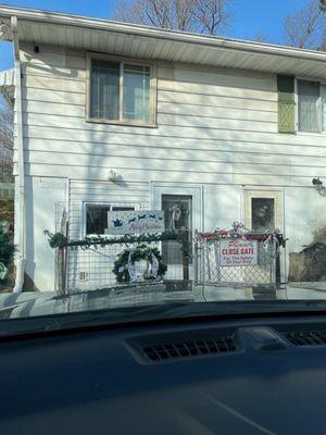 Front entrance decorated for Christmas