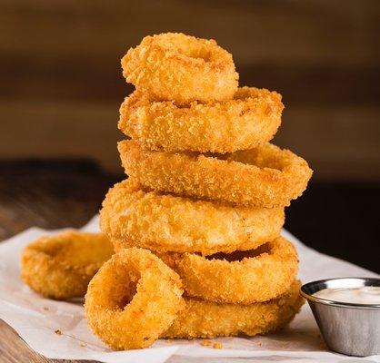 Yummy Golden Brown Gourmet Onion Rings.  We serve large portions.   See our full menu for details.