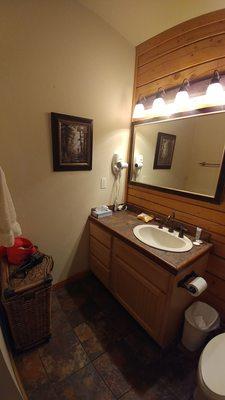 The bathroom sink area. Handsoap/shampoo is provided along with tissues, hair dryer and obviously tp.