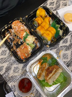 Coconut Shrimp Roll, Mango Lobster Roll and pork 6 Piece Gyoza