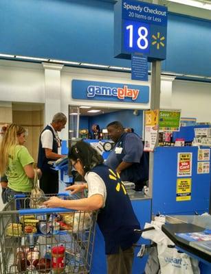 Walmart employees using the "speedy checkout 20 items or less" Lane at 10 p.m. on a Friday night. Easily 50 items.