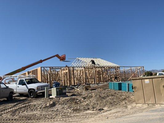 Walls and trusses coming up on the new construction