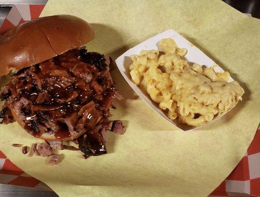 Chopped Brisket Sandwich with a side of smoked Mac & Cheese