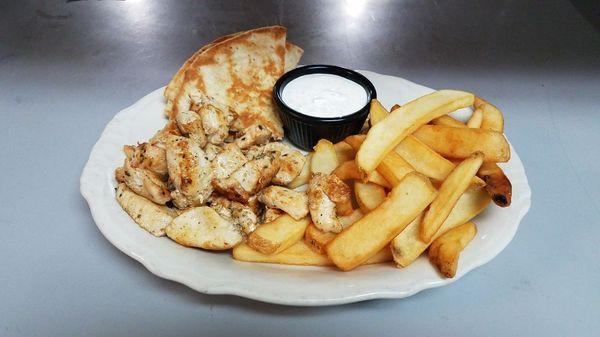 Chicken Souvlaki Platter, all white marinated chicken, steak fries with pita bread and tzatziki on the side.