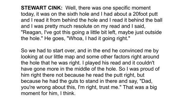 2020 Safeway Open winner Stewart Cink on his son and caddie Reagan.