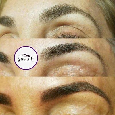 Here's a Before, After first session, Healed after 4 week touch up. #browsbyjennieb #microbladingmichigan #microblading #featheredbrows #bro