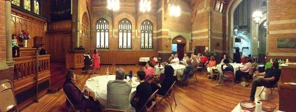 Hull Chapel, where social hour, dinners, receptions, etc. are held. Here during a choir cabaret evening.