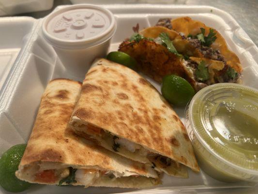 Shrimp quesadillas marched with Birria queso tacos