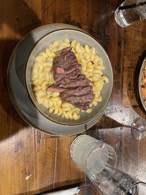 mac & cheese, with wagyu steak. a tito's & lemonade