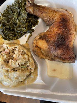 Baked chicken, dressing and greens.