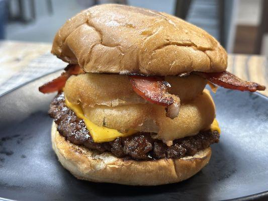 Bbq burger with onion rings and bacon... mmmm!