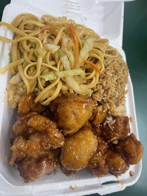 Honey chicken, general tso's, fried rice and noodles $11.99