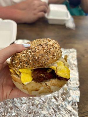 Bacon, egg, and cheese on everything bagel