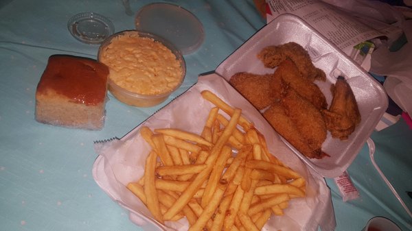 2 pc chicken wing, 4 shrimp with fries, mac & cheese & corn bread.