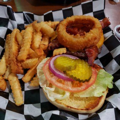 BBQ Bacon Cheeseburger and crinkle cut fries