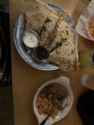 Quesadilla, beans, and rice