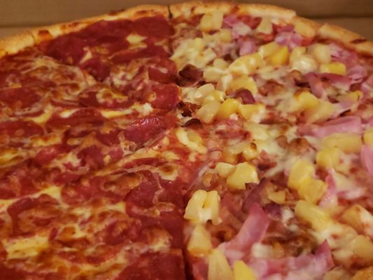 Half pepperoni/Half Canadian Bacon and pineapple  ALL delicious!