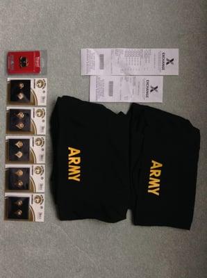 Two black medium APFU trunks ($18.01 each), a Quartermaster regimental crest ($7.90), and five gold Specialist chevrons ($7.90)