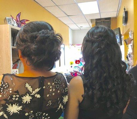 Messy bun on left and curls on right