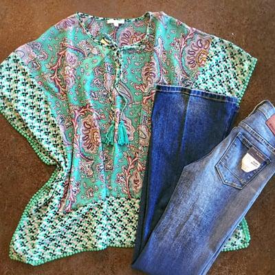 Jade Caftan and Henry & Belle High Waisted Flare Jeans