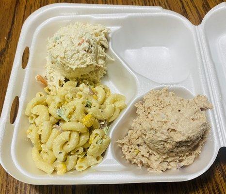 Top scoop chicken salad, macaroni salad (haven't had in ages), & spicy tuna fish, deliciousness all around!