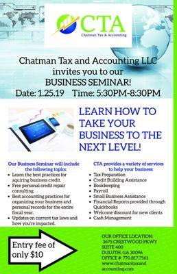 This Friday, 01.25.19, we'll be conducting our semi-annual Business Seminar! Small to medium size businesses find this seminar beneficial.