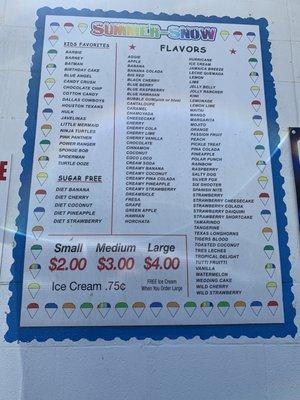 Menu - Snowcone flavors