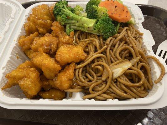 Orange Chicken, Vegetable Lo Mein, Steamed Vegetables.