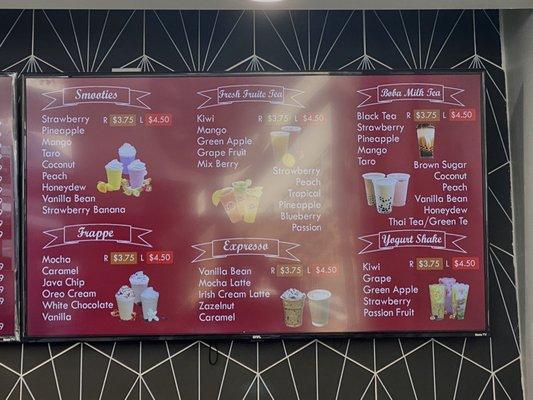 Smoothies and Bubble Tea menu