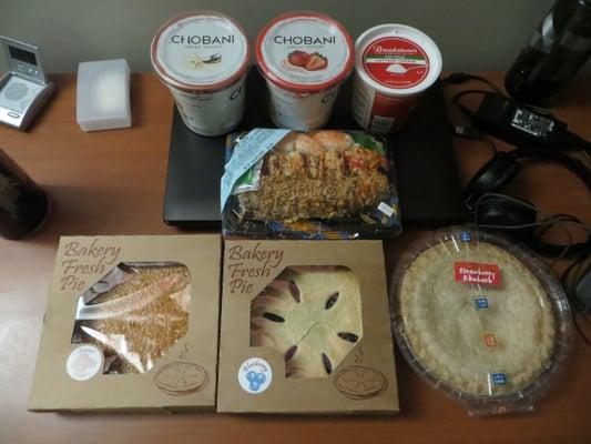 Greek yogurt, cottage cheese, sushi, and pies purchased at the commissary