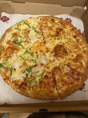 I ordered half cheese, half green peppers with onions.