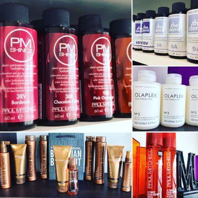 We use Paul Mitchell the Color XG, the DEMI, PM Shines, POP XG, Brazilian Blowout & OLAPLEX