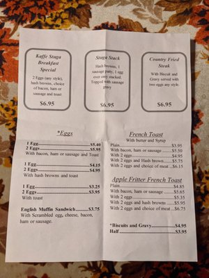 Breakfast menu